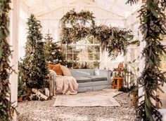 a living room filled with lots of greenery and decorations on the walls, along with a couch