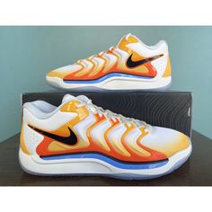 Nike Kd 17 "Sunrise" Kevin Durant Basketball Shoes Men's Size 12 Fj9487-700 Condition: Shoes Are Brand New With Original Box. Size: Us Men's Size 12 (Us Women's Size 13.5 | Uk/Au Size 11 | Eur Size 46 | Cm 30) Color: University Gold/Safety Orange/University Blue/Black Features: * A Big Forefoot Air Zoom Unit Offers A Different Level Of Velocity, Either On The Run Or Out Of A Standstill Position. It Offers Snappy Pop When The Game Revs Up * The Bottom Layer Of The Upper Has Nike Air Cushioning At Yellow Mid-top Basketball Shoes With Abzorb Midsole, Orange Sneakers For Light Sports, Orange Fade-resistant Sneakers For Light Sports, White High-top Running Shoes For Tennis, Yellow Fade-resistant Basketball Shoes With Round Toe, Sporty Yellow Basketball Shoes, Yellow Low-top Tennis Sneakers, White High-top Tennis Shoes, Fade-resistant Orange Sneakers With Round Toe