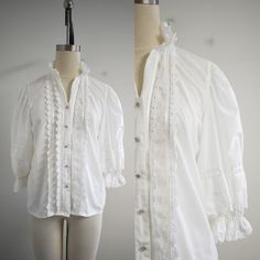 1980s White Lace Trimmed Austrian Blouse - Etsy White Cotton Blouse With Lace Cuffs, Cotton Blouse With Lace Cuffs, Vintage Cotton Blouse With Lace Cuffs, Classic Button-up Shirt With Lace Trim, White Lace Cuffs Button-up Tops, White Button-up Tops With Lace Cuffs, Fitted Lace Trim Button-up Shirt, Cotton Lace Trim Button-up Shirt, Fitted Button-up Shirt With Lace Trim