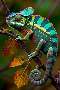 a colorful chamelon sitting on top of a tree branch