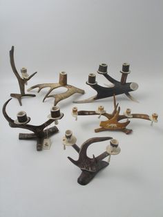 several different types of deer antlers are arranged on a white surface with candlesticks in the middle