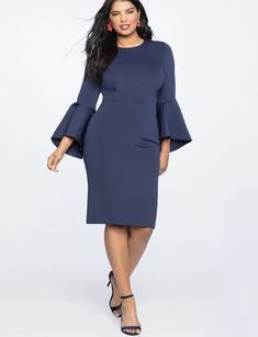 Flare Sleeve Scuba Dress NAVY Fitted Bell Sleeve Mini Dress For Work, Fitted Mini Dress With Bell Sleeves For Work, Stretch Bell Sleeve Evening Dress, Fitted Bell Sleeve Dress For Fall, Elegant Fitted Mini Dress With Bell Sleeves, Elegant Mini Dress With Bell Sleeves, Fall Ruffle Sleeve Midi Dress, Fall Fitted Midi Dress With Ruffle Sleeves, Fall Midi Dress With Ruffle Sleeves And Fitted Design