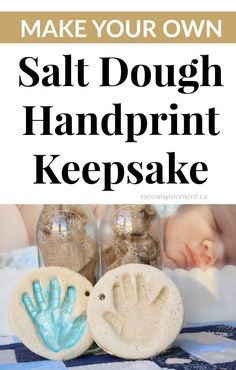 salt dough handprint keepsakes in the shape of hands and hearts with text overlay that reads make your own salt dough handprint keepsake