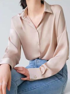 Lasaky - Satin Shirt with Loose and Relaxed Design, Long Sleeves, and Draped Silhouette Sleeve Stencil, Satin Blouses, Blue Crop Tops, Satin Shirt, Print Crop Tops, Retro Tshirt, Cotton Blouses, Cheongsam, Lapel Collar