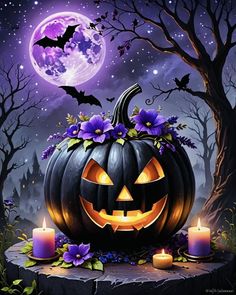 a pumpkin with purple flowers and bats on it in front of a full moon filled sky