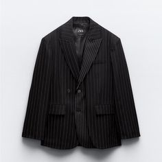 Zara Black Pinstriped Oversized Blazer- New With Tags. Classic Outerwear With Contrast Stripes For Work, Classic Spring Outerwear With Vertical Stripes, Striped Oversized Outerwear For Work, Zara Oversized Elegant Blazer, Chic Striped Winter Blazer, Winter Striped Outerwear With Contrast Stripes, Oversized Pinstripe Blazer, Zara Blue Double-breasted Blazer, Zara Double-breasted Blazer With Lapel Collar