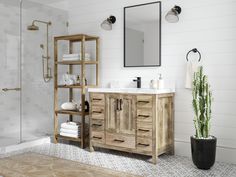 a bathroom with a wooden cabinet, mirror and plants in the shower stall next to it