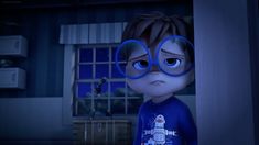 an animated character with large blue glasses on his face, standing in front of a window