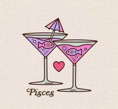 two martinis with hearts and an umbrella on the top, one has a pink heart