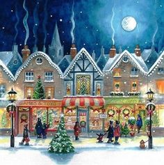 a painting of people walking in front of a christmas store with lights and decorations on it