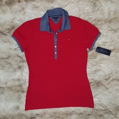 Simple Red Shirt With Blue Shirt Collar. + Nwt + Size Medium Tommy Hilfiger Short Sleeve Tops For Work, Tommy Hilfiger Red Short Sleeve Top, Trendy Red Tommy Hilfiger Top, Tommy Hilfiger Top, Tommy Hilfiger Tops, Red Shirt, Shirt Collar, Blue Shirt, Collar Shirts