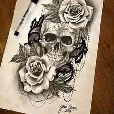 a drawing of a skull with roses on it