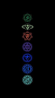 the seven chakras in different colors on a black background with an ombreal symbol