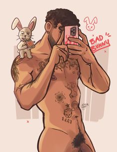 the man is taking a selfie with his cell phone while wearing bunny ears and tattoos