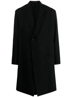 black wool notched lapels front button fastening long sleeves straight hem mid-length Tailored Black Notched Outerwear, Black Tailored Notched Outerwear, Black Wool Long Coat With Concealed Front, Black Long Wool Coat With Concealed Fastening, Black Wool Blazer With Concealed Fastening, Black Single Breasted Wool Coat With Lapel Collar, Classic Black Wool Coat With Concealed Fastening, Black Single-breasted Wool Coat With Lapel Collar, Business Wool Coat With Concealed Fastening And Lapel Collar