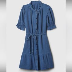 Nwt - Crinkle Gauze Mini Dress; Size Small; Medium Indigo Color 100% Cotton (Breathable) Soft Gauze-Y Texture; Ruffled Crew Neck; Elbow Puff Sleeves; Button Front; Braided Tie Belt At Waist; Tiered Skirt Relaxed A-Line Silhouette That Easy Through Chest With A Flare Opening; Hits Above The Knee 20” Chest, 18” Waist, 36” Long Short Sleeve Crinkle Texture Beach Dress, Beach Dresses With Crinkle Texture And Short Sleeves, Beach Dresses With Crinkle Texture, Casual Crinkle Texture Dress For Daywear, Spring Daywear Dress With Crinkle Texture, Crinkle Texture Dresses For Daywear In Spring, Gap Short Sleeve Midi Dress For Daywear, Casual Midi-length Dress With Crinkle Texture, Casual Midi Length Crinkle Texture Dress