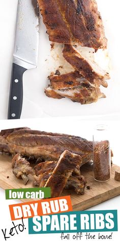 there are two pictures of ribs on the same cutting board