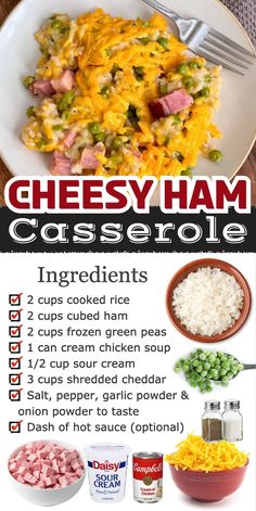 the ingredients for cheesy ham casserole on a white plate with text overlay