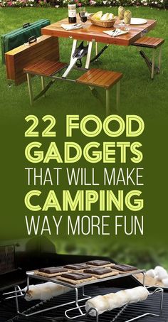 a grill with some food on it and the words 22 food gadgets that will make camping way more fun