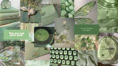 a collage of green and white items with words on them