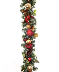 a tall christmas tree with ornaments and decorations on it's sides, against a white background