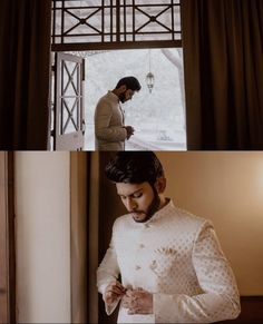 two different shots of a man in a white outfit