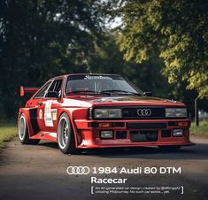 an advertisement for the audi 80 dtm race car, with trees in the background