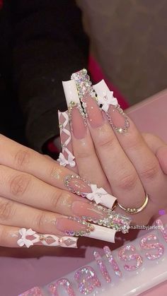 Gift Ideas For Artists, Bedazzled Nails, Nails Coquette, You Nails, Gifts For Artists, Quinceanera Nails, Coquette Nails, Red Acrylic Nails