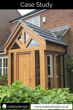 a small wooden building sitting in front of a brick house with the words case study on it