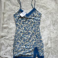 In Good Condition, Never Worn Out Before, Polyester Material, Lace Trim Detail, Mini Dress, Has Adjustable Straps, Double Lined, Perfect For Summer Or Vacation Blue Floral Dress, Dresses Blue, Floral Blue Dress, Lace Cami, Trim Detail, Cami Dress, Forever 21 Dresses, 21 Dresses, Polyester Material