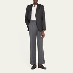 Officine Generale "Willow" herringbone pants in Italian wool  High rise Four-pocket style Pleated front  Straight legs Cuffed hem Concealed hook/zip fly; belt loops  Virgin wool Dry clean Imported Herringbone Pants, Officine Generale, Leg Cuffs, Herringbone, Tops Designs, High Rise, Dry Clean, Luxury Fashion, Wool