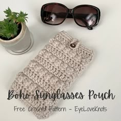 a crocheted cell phone case sitting next to a potted plant and sunglasses