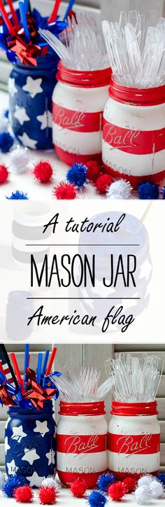 patriotic mason jars with red, white and blue tinsels in them for an american flag party