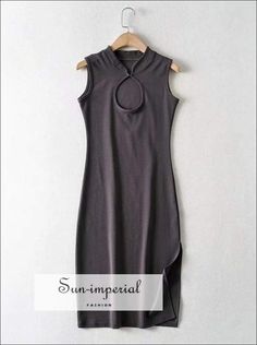 Women Dark Grey Cut out front Sleeveless Midi Dress with Turtle Neck Hook and side Split detail Casual Sleeveless Stretch Bodycon Dress With Side Slits, Fitted Sleeveless Bodycon Dress With Side Slits, Casual Sleeveless Midi Dress With Side Slits, Sleeveless Bodycon Dress With Side Slits For Summer, Fitted Sleeveless Dress With Side Slits For Spring, Sleeveless Spring Dress With Side Slits, Imperial Fashion, Tank Decoration, Table S