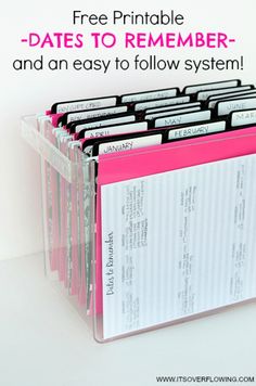 a pink file folder with the text free printable dates to remember and an easy to follow system