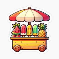 an ice cream cart with pineapples, watermelon, and umbrella sticker