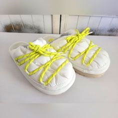 New Without Box Size 8 Yellow Casual Flat Slippers, Casual Yellow Flat Slippers, Yellow Cushioned Slip-on Slippers, Yellow Slip-on Casual Slippers, Yellow Casual Slip-on Slippers, Yellow Sporty Slides For Summer, Comfortable Yellow Slides With Cushioned Footbed, Yellow Synthetic Slides With Cushioned Footbed, Yellow Round Toe Slides For Spring