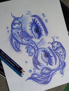 a pencil drawing of two fish with one eye open and the other half drawn up