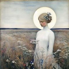 a painting of a woman in a white dress and hat standing in a field with wildflowers