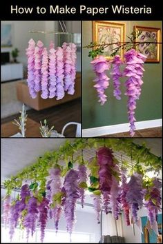 purple flowers are hanging from the ceiling and in front of a mirror with text overlay that reads how to make paper wisteria