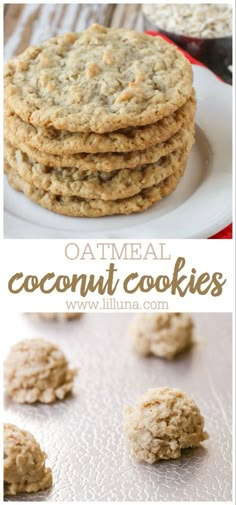 oatmeal coconut cookies are stacked on top of each other, with the title above it