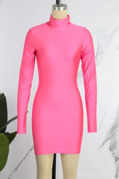 Pink Casual Solid Basic Turtleneck Long Sleeve Dresses Trendy Solid Color Bodycon Dress For Spring, Spring Slim Fit Solid Color Mini Dress, Spring Solid Color Slim Fit Mini Dress, Spring Solid Slim Fit Mini Dress, Spring Slim Fit Mini Dress, Solid Color Slim Fit Spring Dress, Solid Slim Fit Spring Dress, Solid Color Slim Fit Dress For Spring, Trendy High Neck Mini Dress For Spring