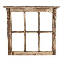 an old wooden window with four panes on the top and bottom, isolated against a white background