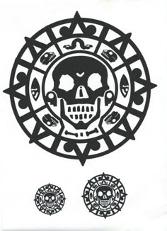 a black and white drawing of a skull in a circle with two circles around it