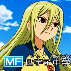 an anime character with long blonde hair standing in front of a blue sky and clouds