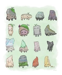 a bunch of animals that are in different colors and sizes on a green background with watercolor