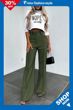 Army Green Casual Print Solid Basic O Neck Half Sleeve Two Pieces Lace Up Trousers, Elegant Pant, Womens Office, Shirt Pant Set, Print Crop Tops, Short En Jean, Slim Pants, Suit Fashion