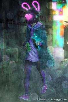 a person walking in the rain with an umbrella over their head and wearing a purple coat