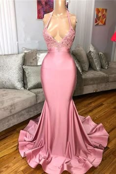 Pink Halter Mermaid Long Prom Dress With Lace Appliques PD0676 Prom Dress With Lace, Mermaid Pink, Prom Dresses Long Mermaid, Prom Girl, Pink Prom Dresses