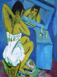 a painting of a woman sitting in front of a mirror looking at herself in the mirror